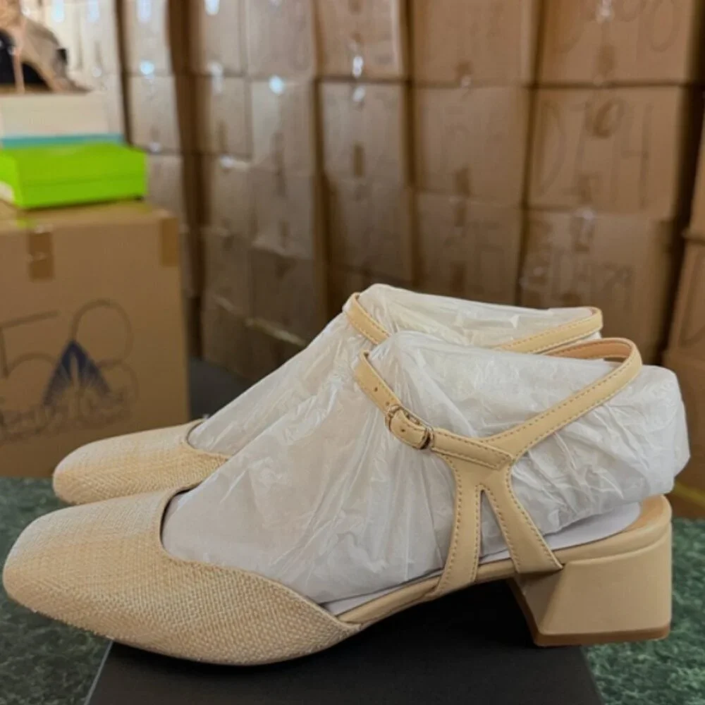 Naturalizer Beige Woven Leather Low Block Heel Sandals Wide Width